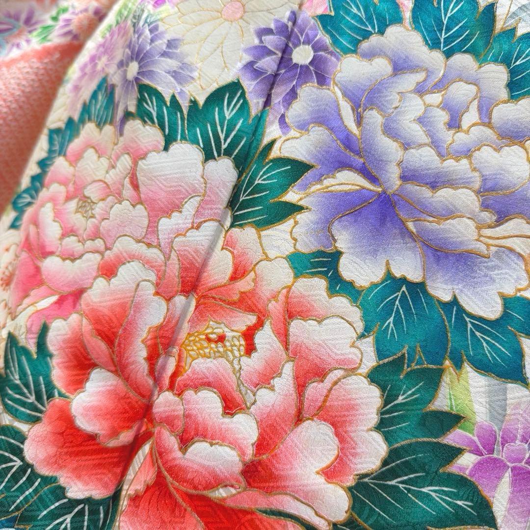 491 振袖フルセット 正絹 コーラルオレンジ クリームイエロー 絞り 金彩