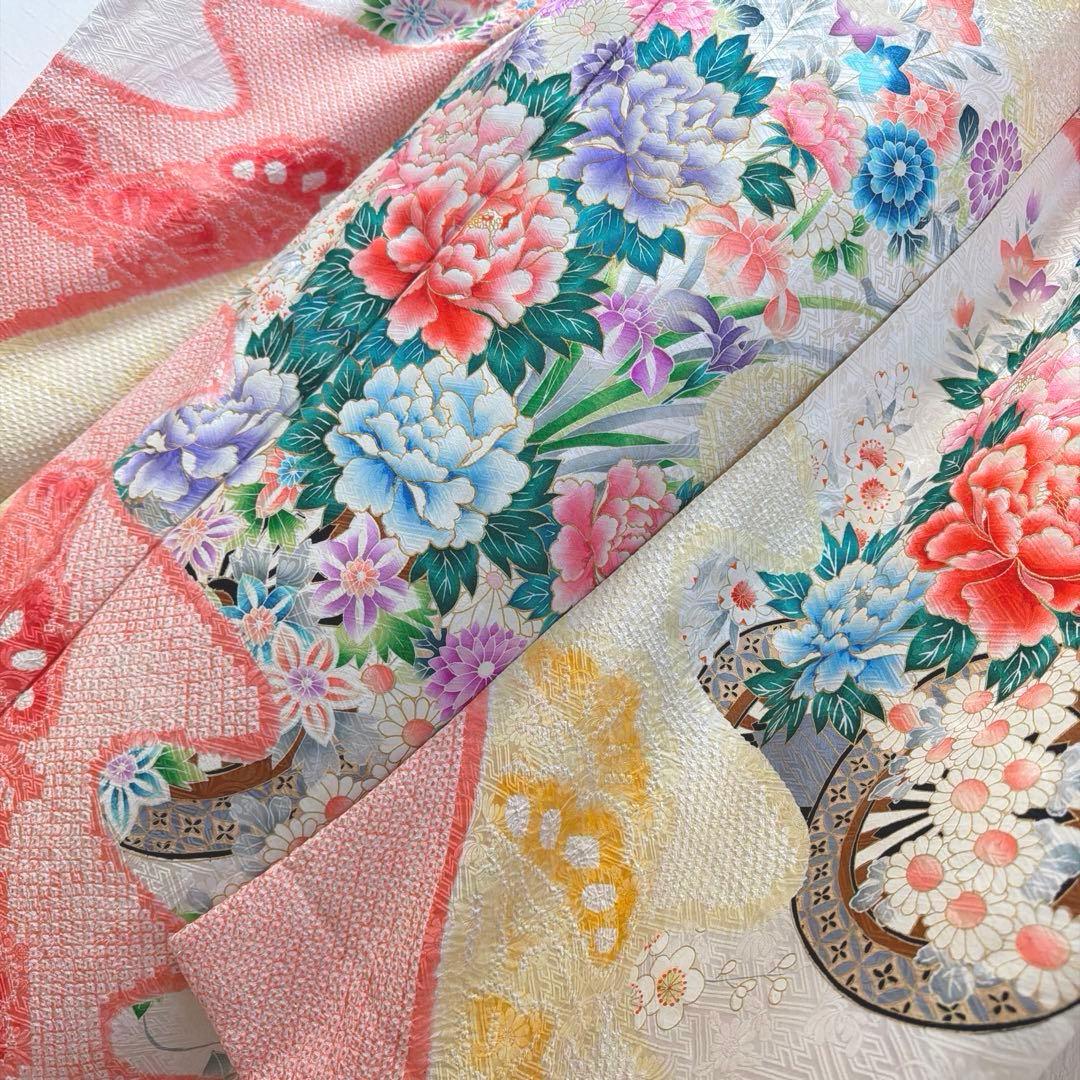 491 振袖フルセット 正絹 コーラルオレンジ クリームイエロー 絞り 金彩