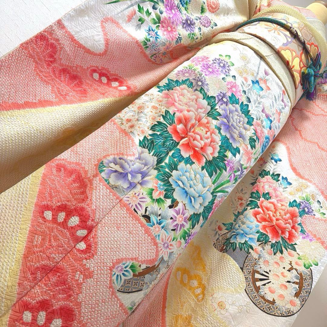 491 振袖フルセット 正絹 コーラルオレンジ クリームイエロー 絞り 金彩