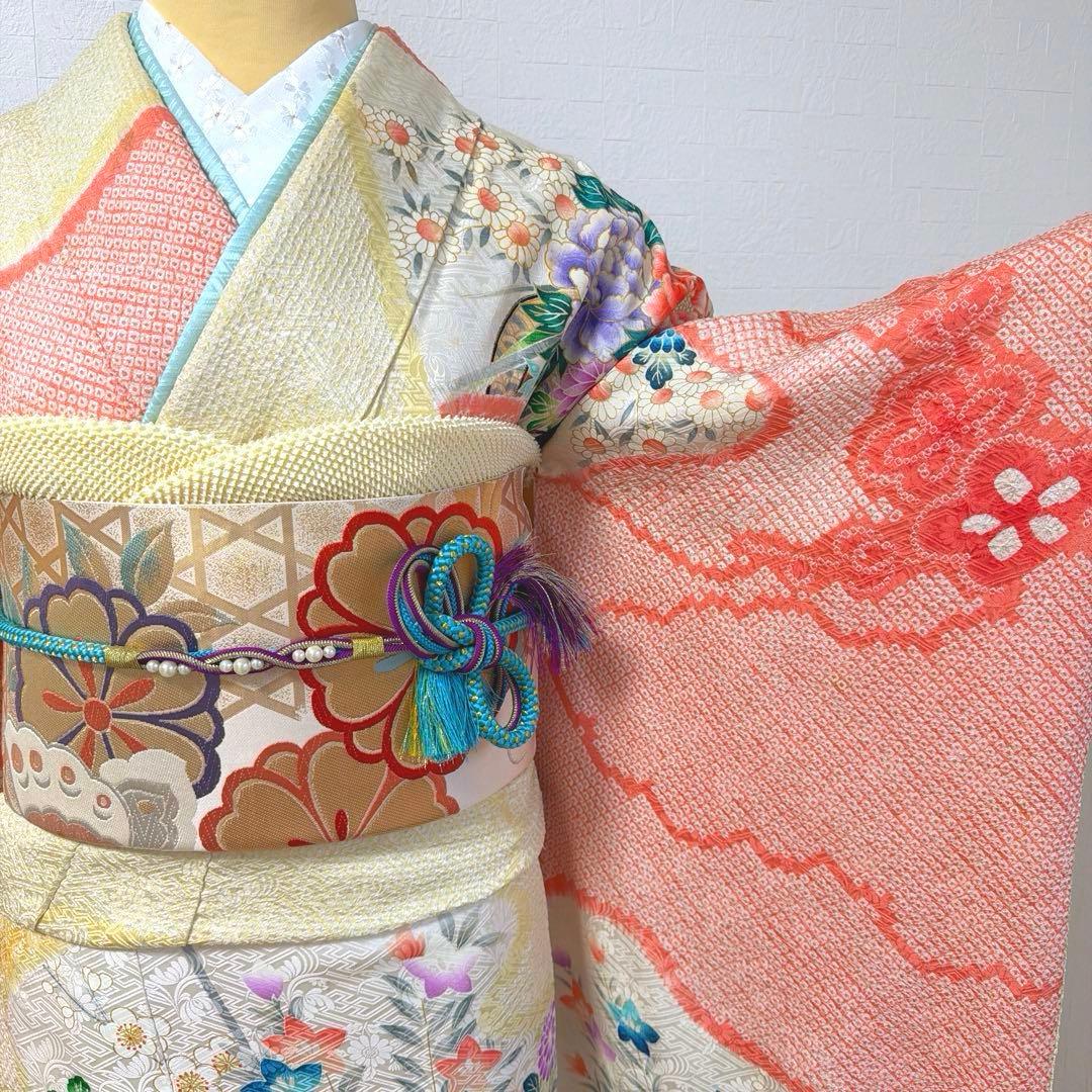 491 振袖フルセット 正絹 コーラルオレンジ クリームイエロー 絞り 金彩