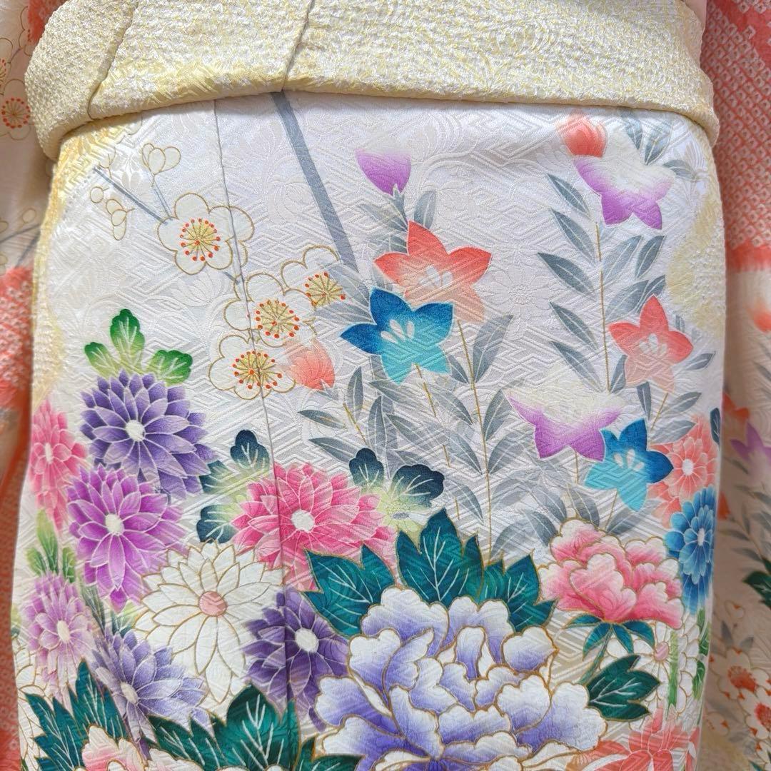 491 振袖フルセット 正絹 コーラルオレンジ クリームイエロー 絞り 金彩