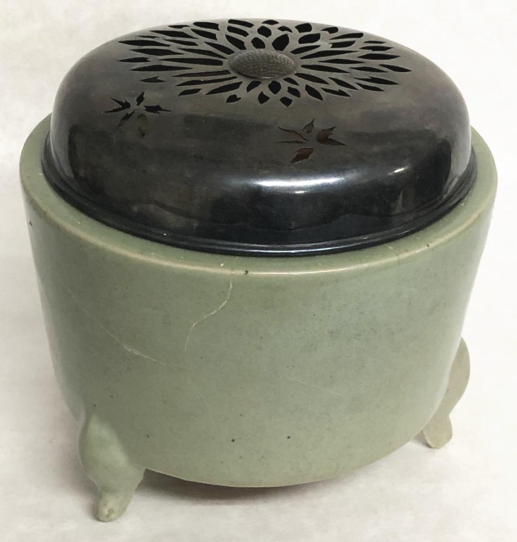 古青磁大香炉 純銀火屋付約174g 修復あり 茶道 香道 陶器 WWTT195
