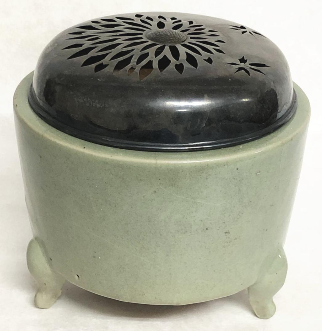 古青磁大香炉 純銀火屋付約174g 修復あり 茶道 香道 陶器 WWTT195
