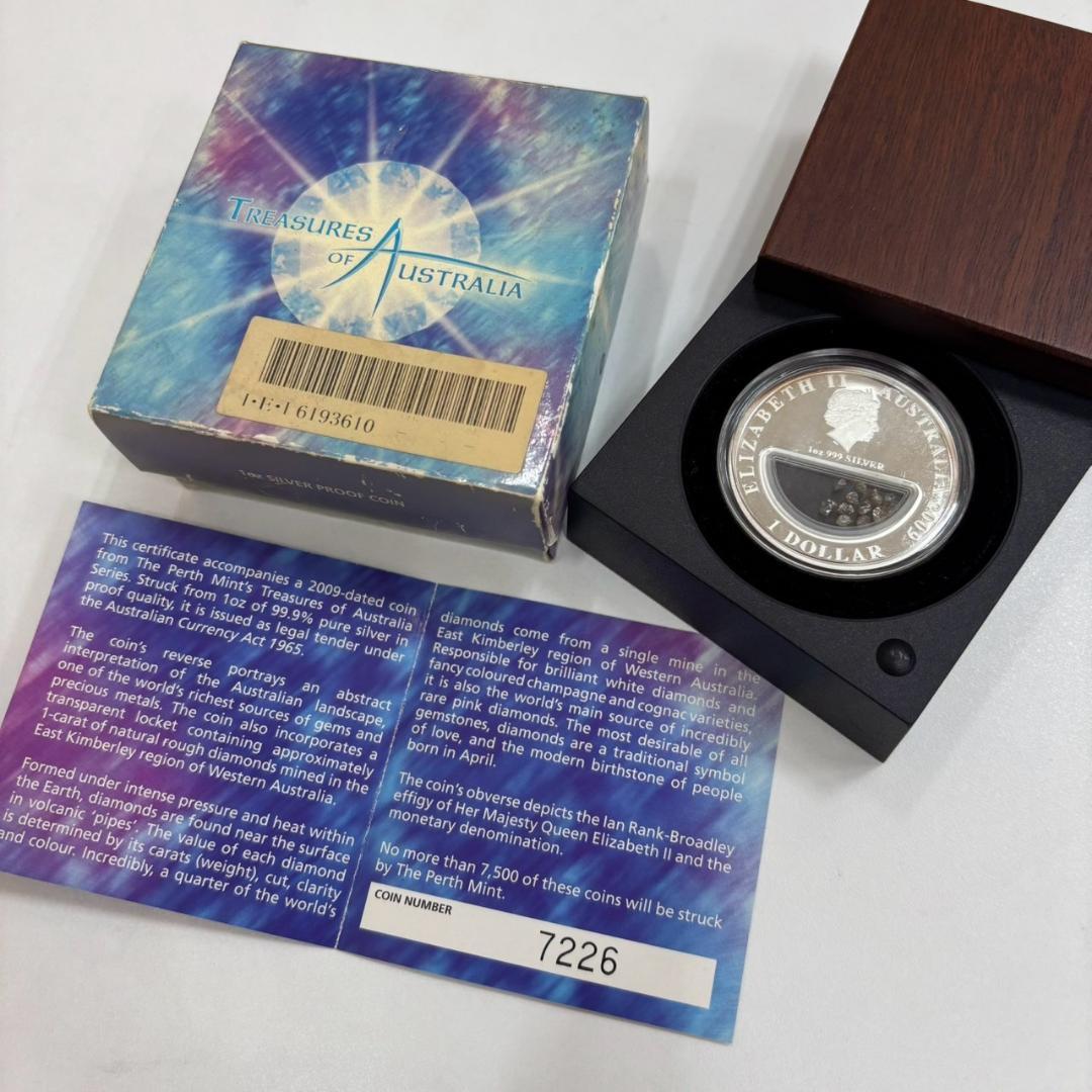 091:オーストラリア 2009年1ドル銀貨1ozエリザベスⅡダイヤ原石入