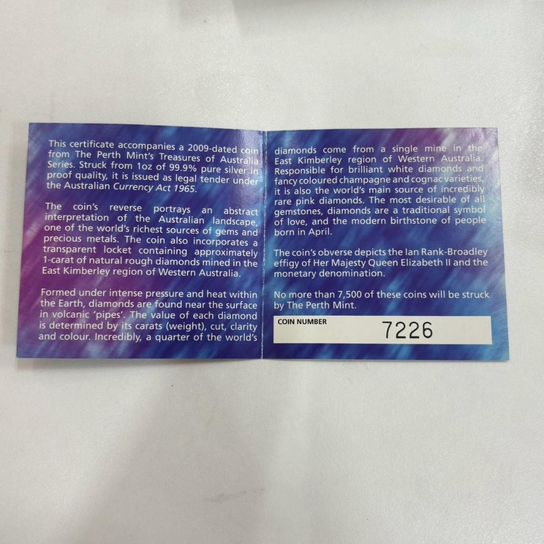 091:オーストラリア 2009年1ドル銀貨1ozエリザベスⅡダイヤ原石入