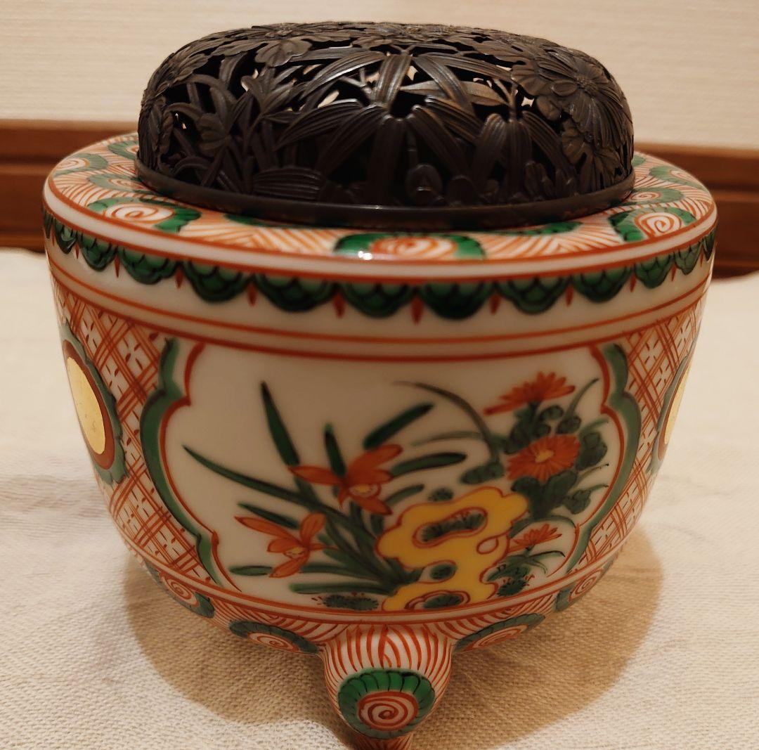 四代三浦竹泉 赤絵 香炉 純銀火屋 松興堂 金彩 四君子 アンティーク