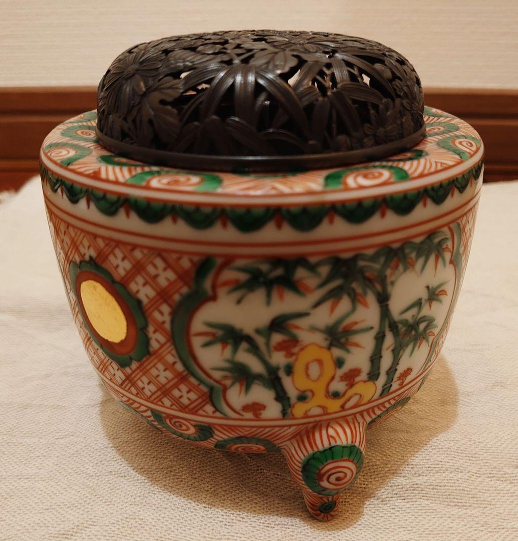 四代三浦竹泉 赤絵 香炉 純銀火屋 松興堂 金彩 四君子 アンティーク