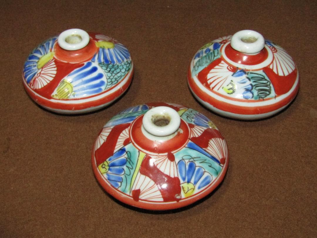 【色絵　線描き捻り紋図　油壷　三点】古伊万里