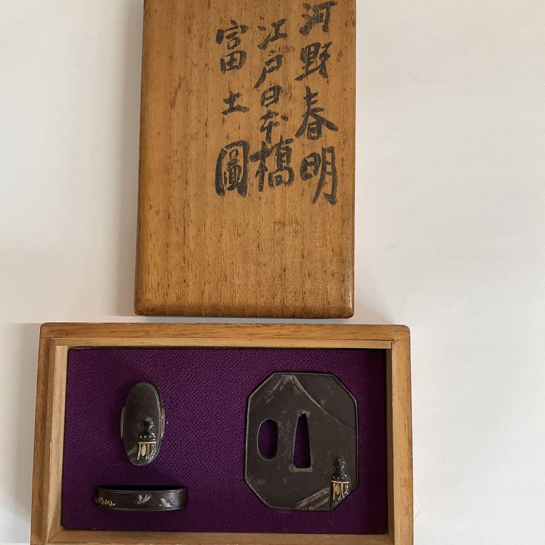 刀剣小道具三所物　銘河野春明　鉄地金銀赤銅　江戸日本橋富士の図　江戸中期〜後期頃