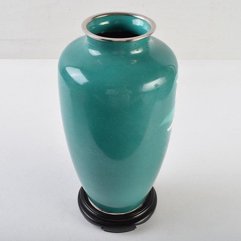 七宝焼　佐藤謨義作　水仙文　花瓶　唐木台付　共箱　V　R9237