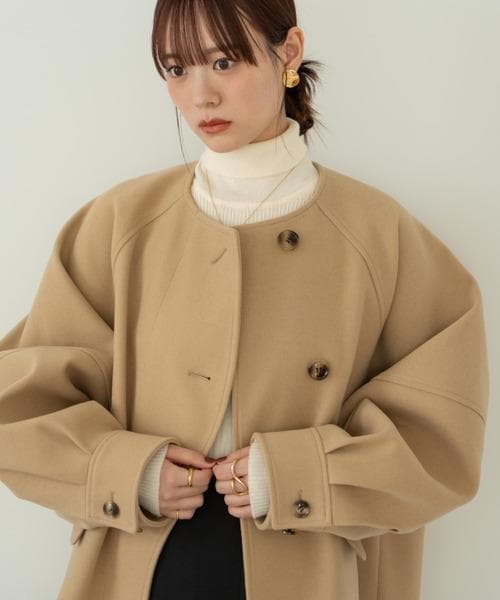 hinari　ウェーブデザインミドルコート　ベージュ　FREE SIZE
