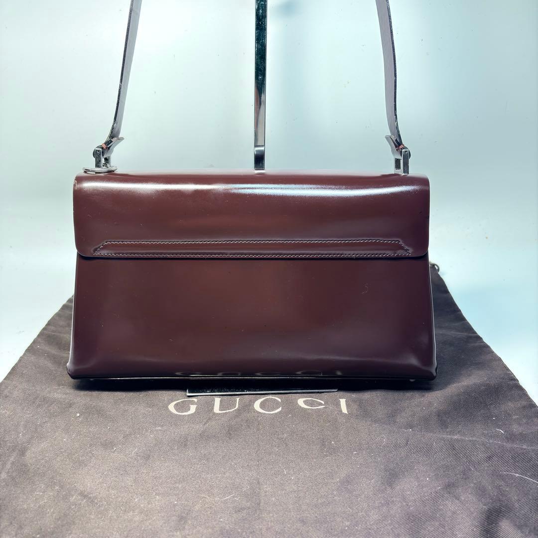 美品　GUCCI グッチ ショルダーバッグ エナメル ダークブラウン シルバー