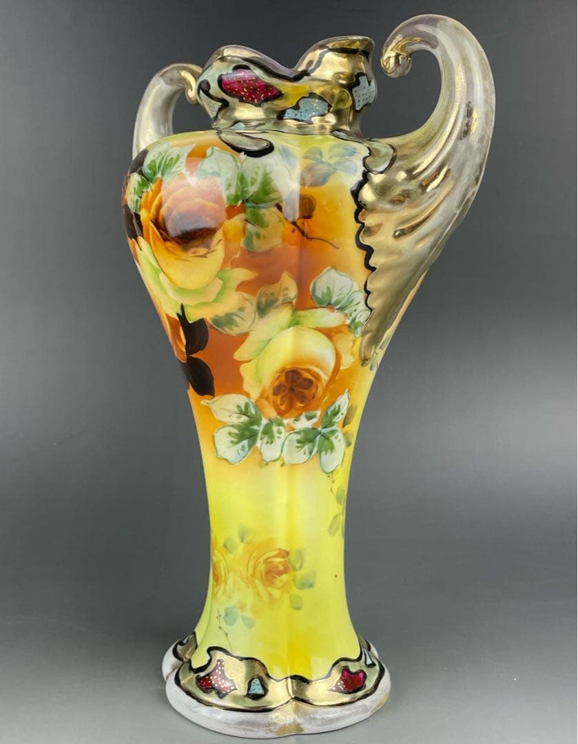 【大型】オールドノリタケ ２８．７cm 薔薇紋花瓶 金彩 金盛り マッスル