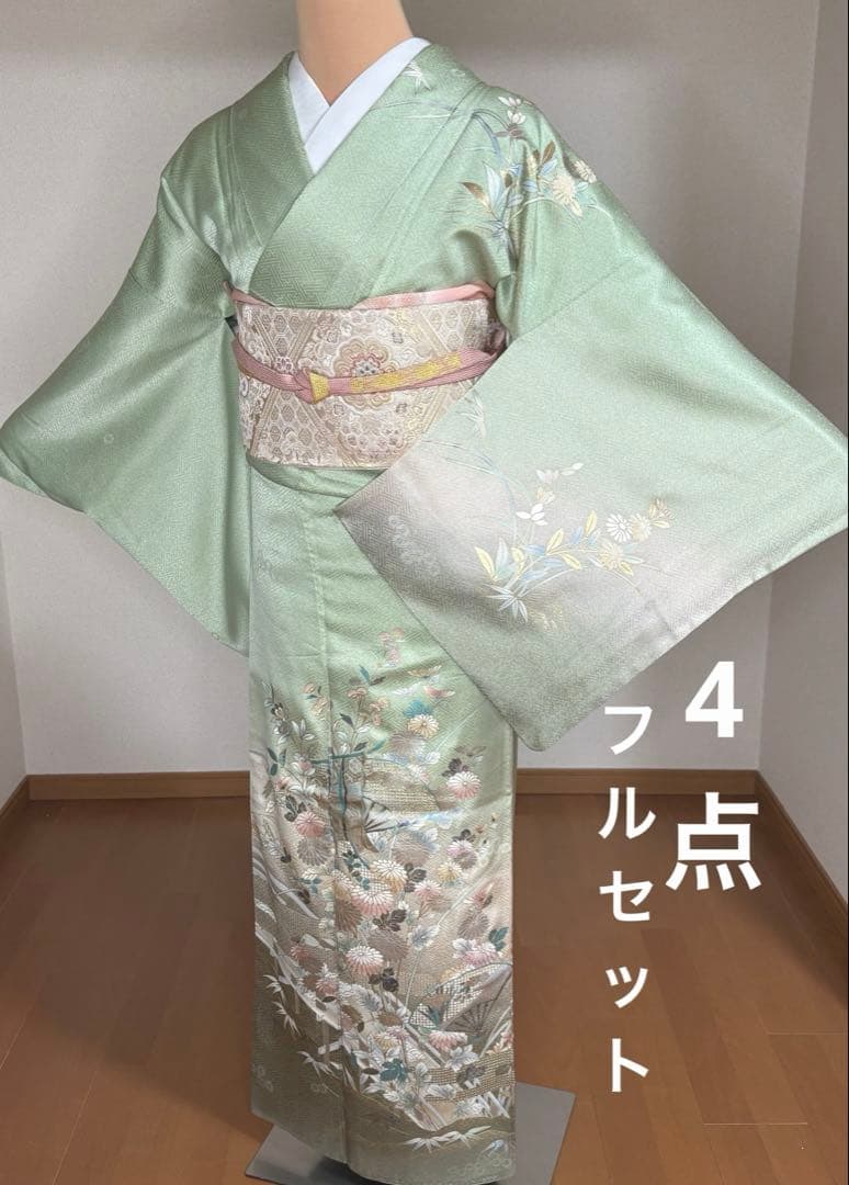 新春特別価格♦️4点フルセット　正絹　訪問着　袋帯　帯揚げ　帯締め