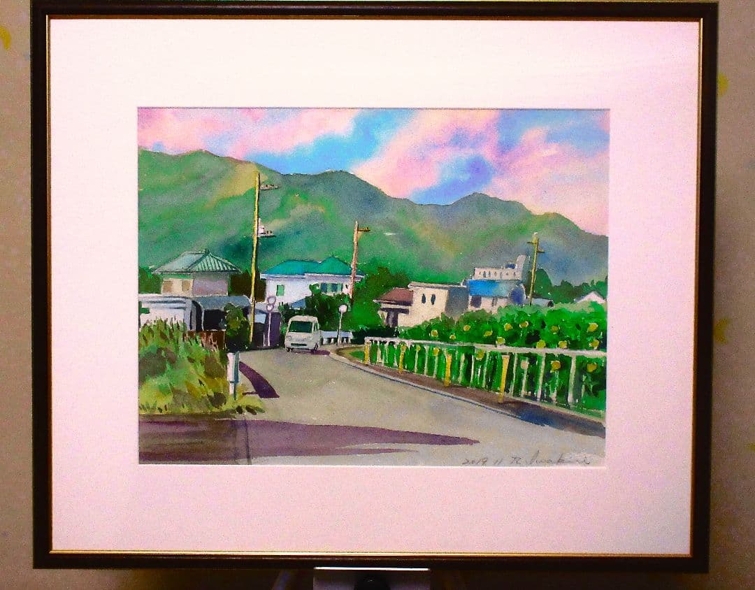 水彩画 田舎風景 額装済み 原画 F6サイズ