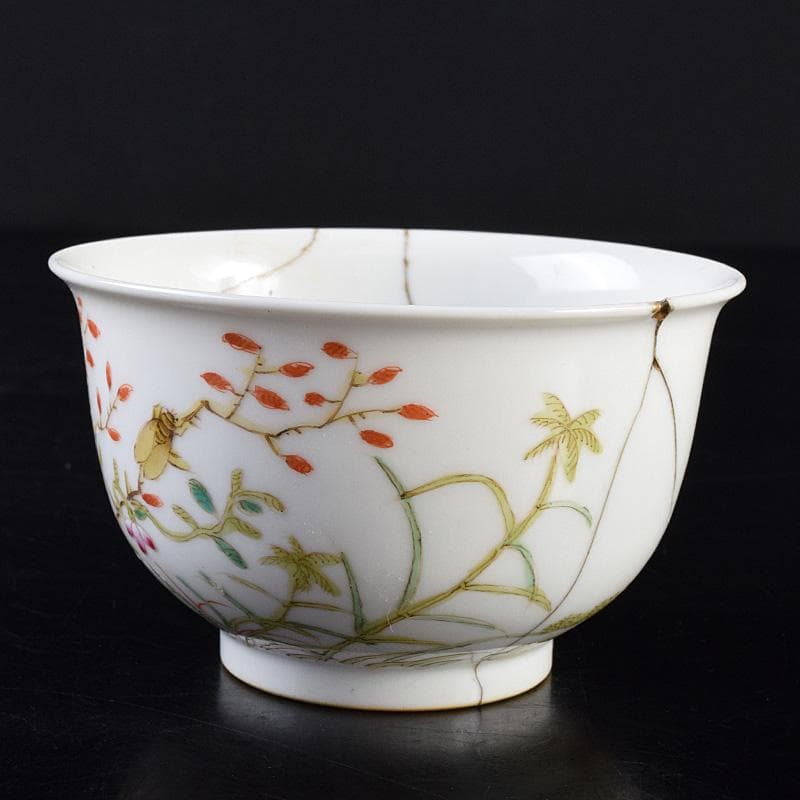 中国　大清光緒年製　粉彩花昆虫文碗　V　7805E