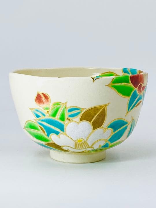 【加藤利昇】仁清写　椿　茶碗　桐共箱　共布　底部在銘　京焼　茶道具