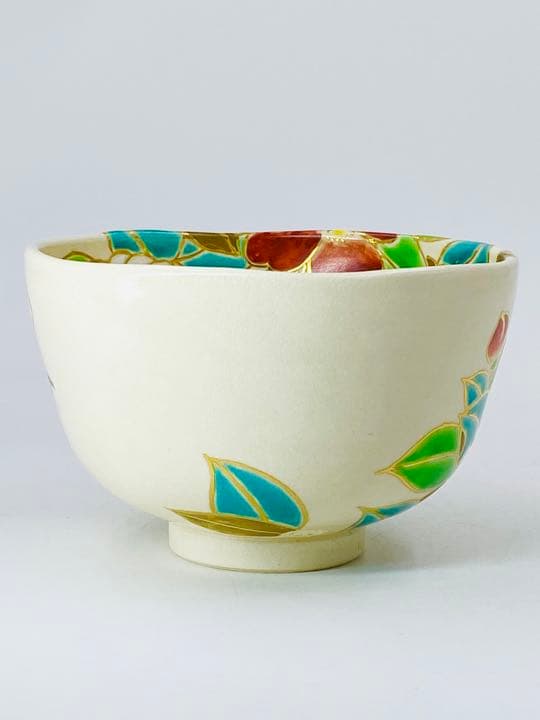 【加藤利昇】仁清写　椿　茶碗　桐共箱　共布　底部在銘　京焼　茶道具