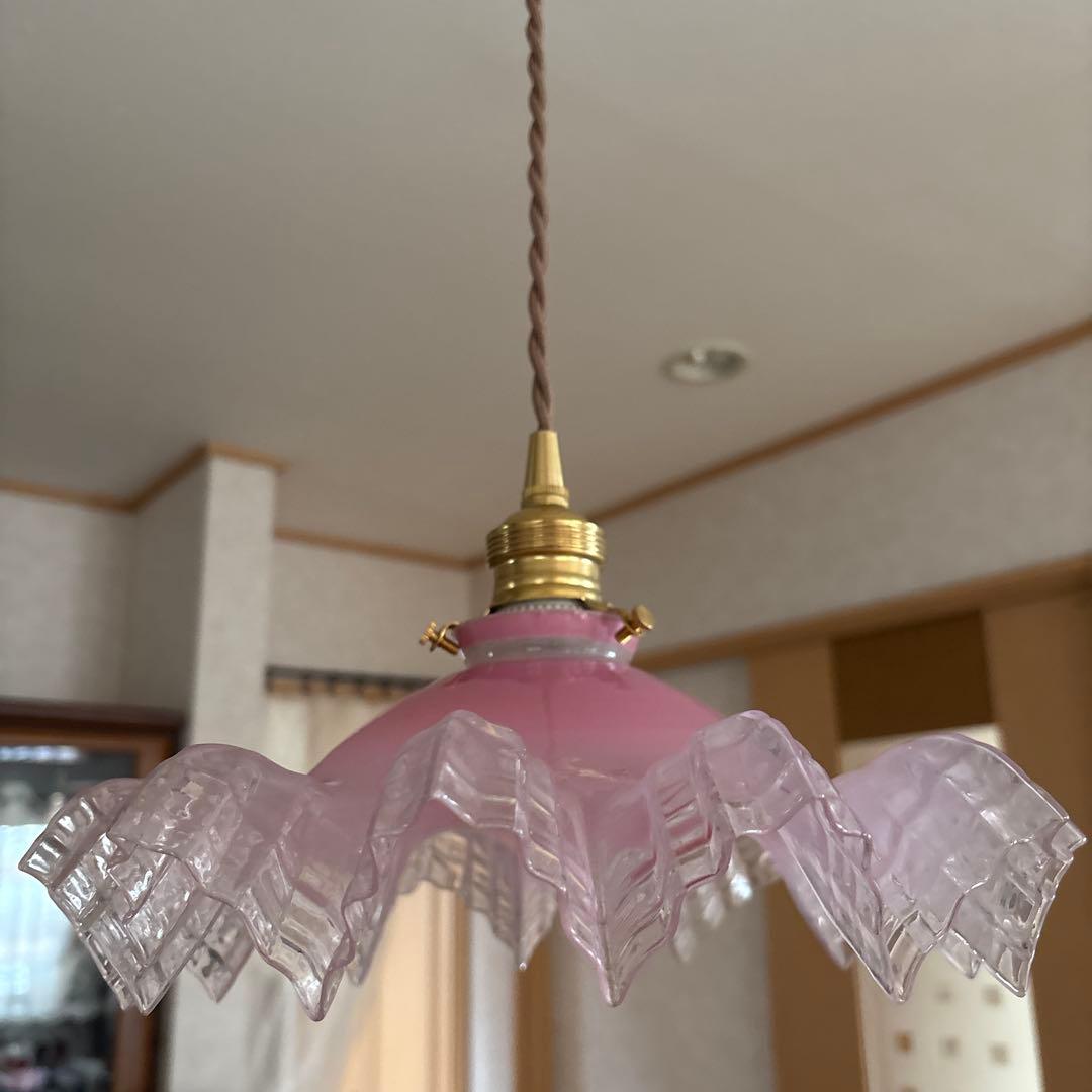 フランスアンティーク　オパールセントガラスシェード　ペンダントランプ
