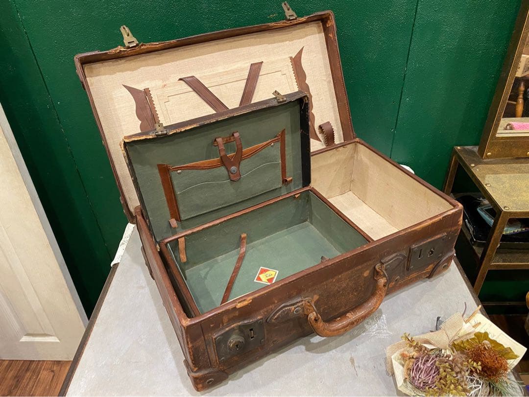 アンティーク 革トランク セット 当時物インテリア ビンテージ 昭和レトロ年代物