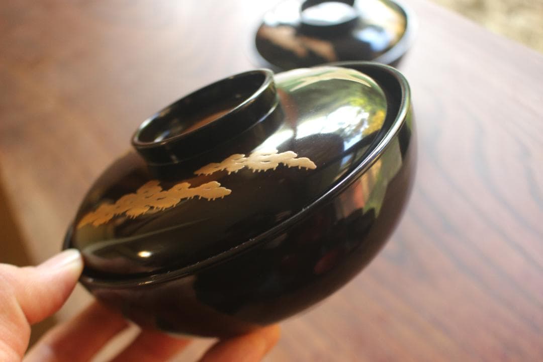 時代逸品！時代黒漆に優美な鶴遠山蒔絵の映える煮物椀2点（検蒔絵椀加賀蒔絵雑煮椀