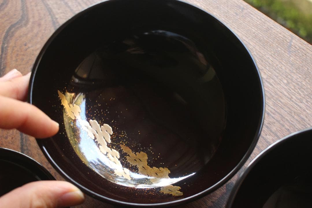 時代逸品！時代黒漆に優美な鶴遠山蒔絵の映える煮物椀2点（検蒔絵椀加賀蒔絵雑煮椀