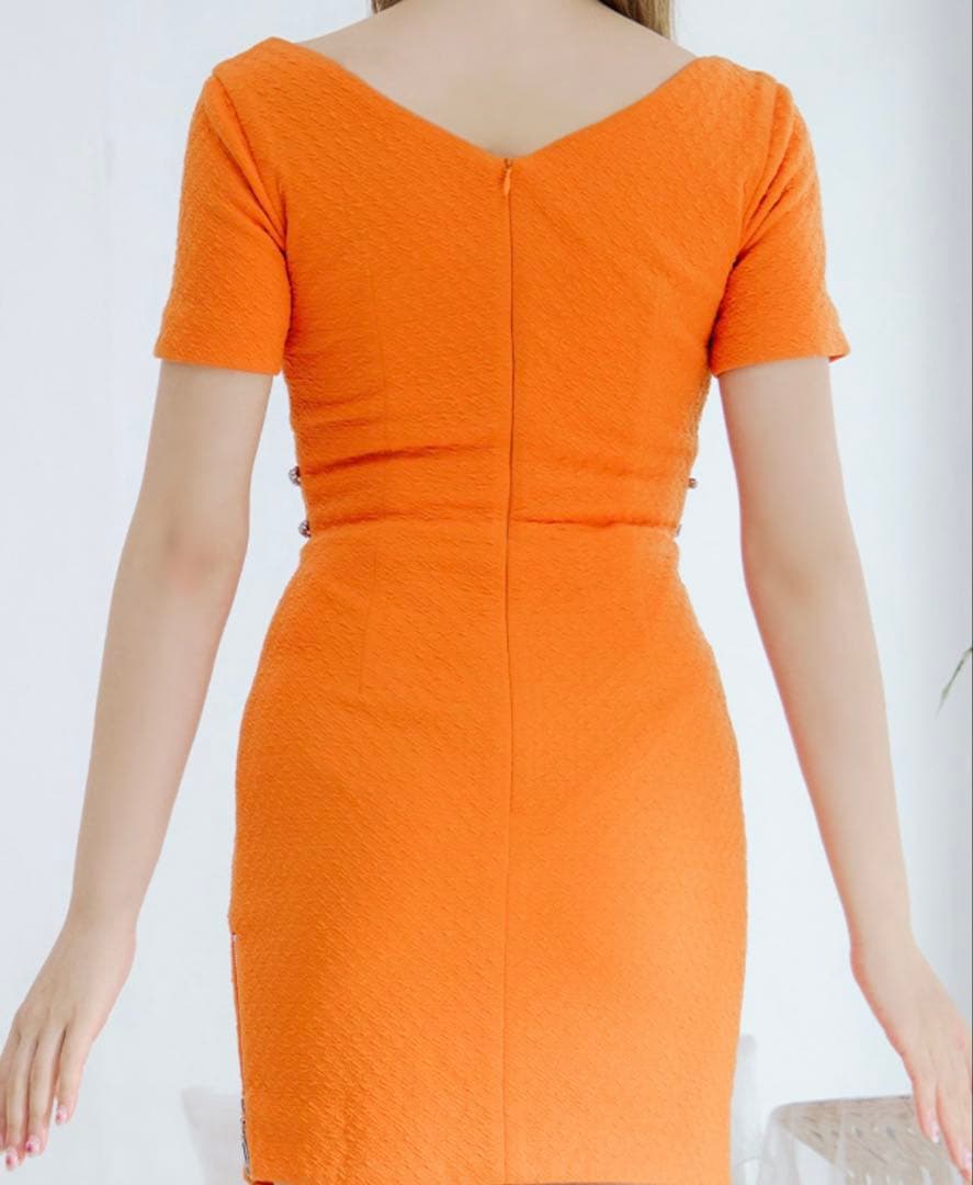 オレンジ ビジュー装飾 タイトドレス