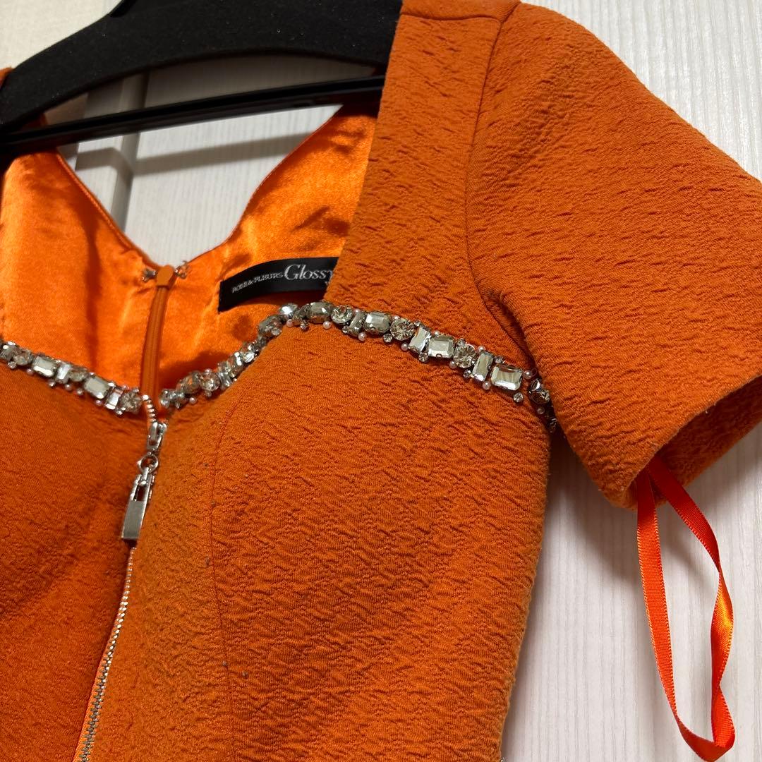 オレンジ ビジュー装飾 タイトドレス