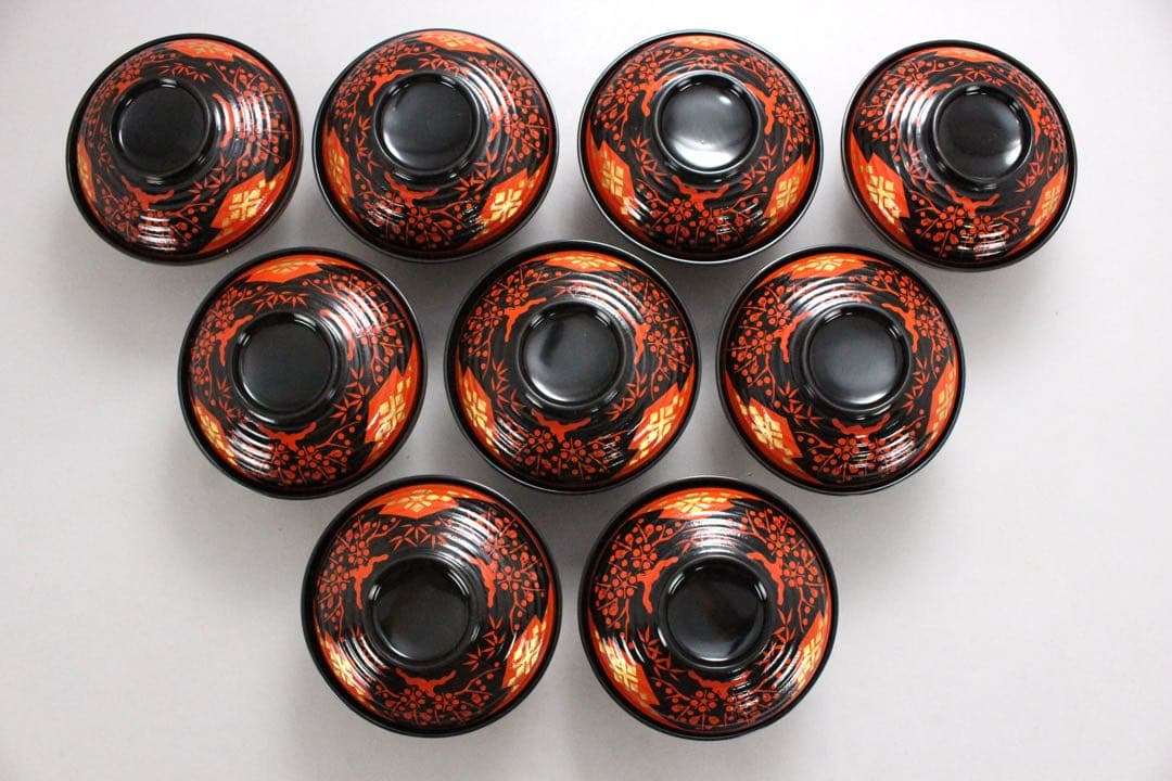 No4797秀衡塗　梅樹文蓋付椀　9客 木箱付　漆器　岩手　伝統工芸　送料無料