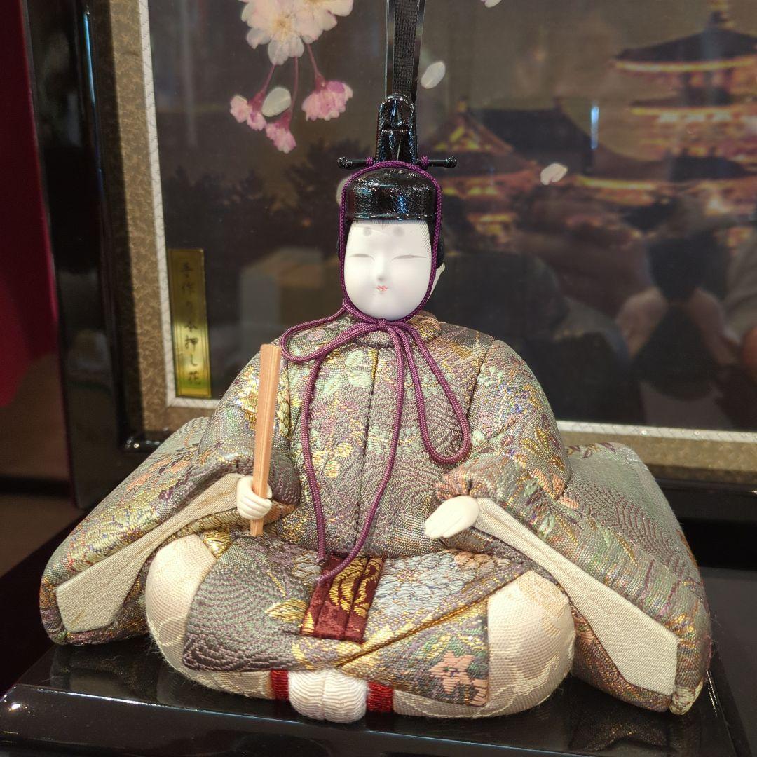 木村一秀作　木目込雛人形 5体セット 伝統的な衣装収納箱入押　桜押花屏風