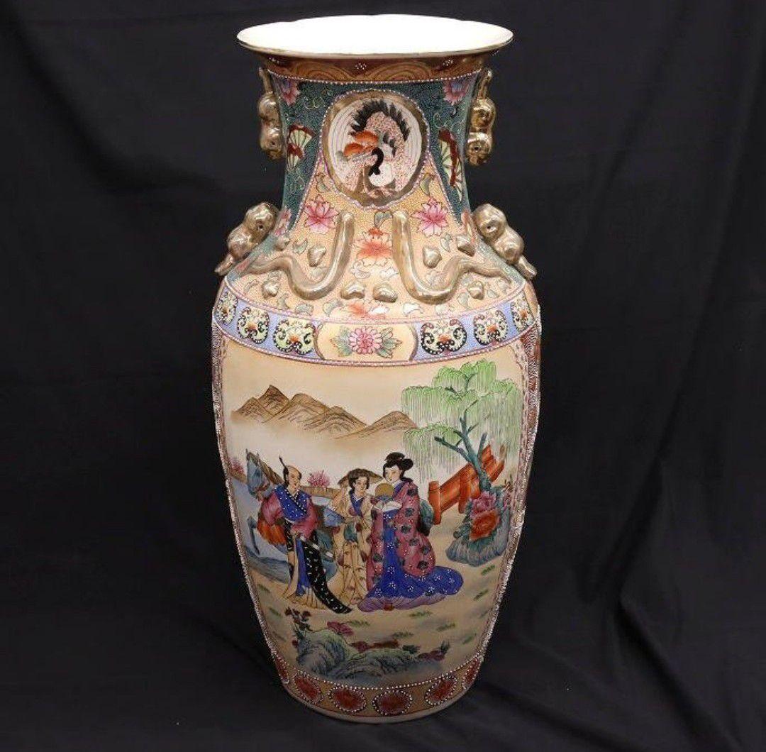 薩摩焼 特大78cm 花瓶 金彩色絵 飾壺 大壷 金襴手 美人画 中国古玩