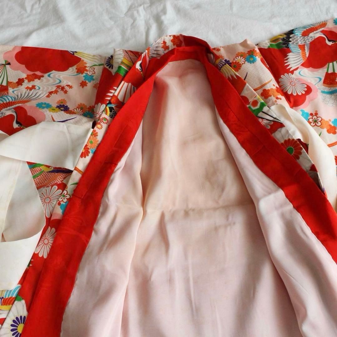 七五三 3歳 女の子 子供 アンティーク 鶴 着物 被布 セット