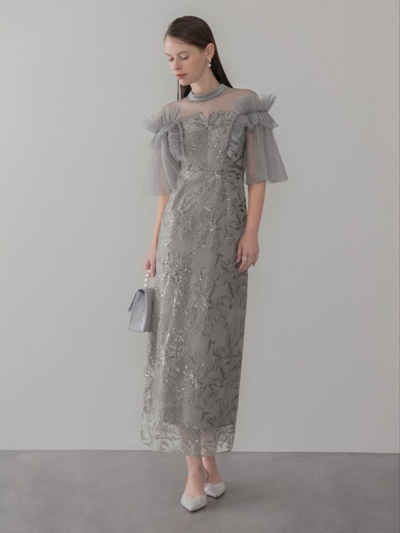 チュールフリルショルダーシアーIラインワンピースドレス結婚式パーティー成人式