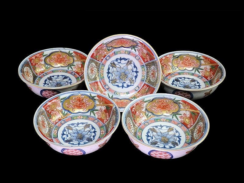 大聖寺伊万里　金襴手　窓絵　花鳥紋の図　春寒鉢　膾皿　５客　C770AS-CZt