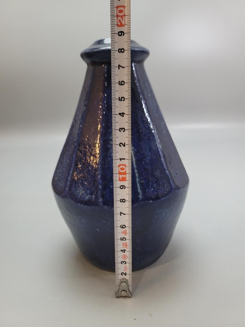 浜田晋作 作 藍釉面取 花瓶 共箱 DT544