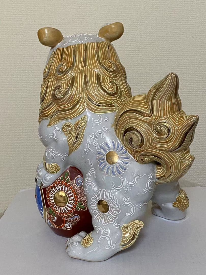 九谷焼 玉獅子 狛犬陶器 玉乗り獅子 縁起物 魔除け 置物 時代物