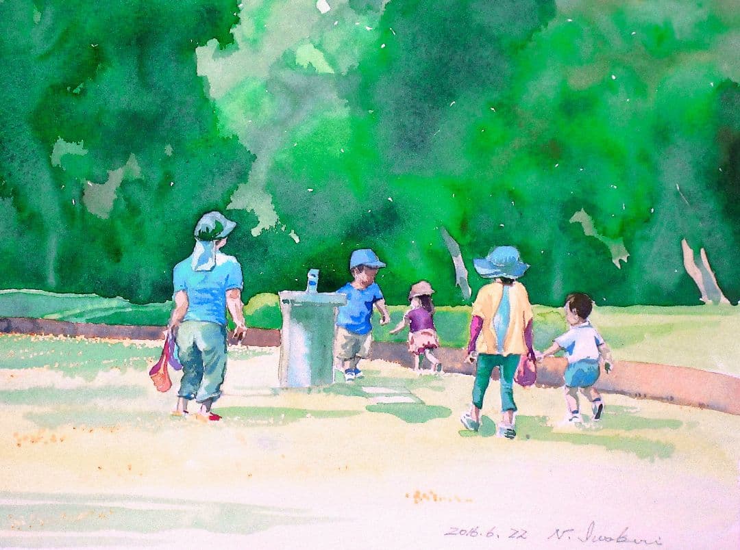 公園の子供たち 水彩画 額装済み