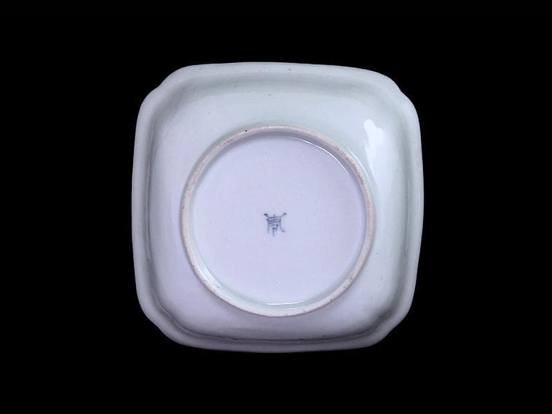 古伊万里　染付　撫子繋ぎ　丸紋に松と鶴の図 四方皿　５客　A055AS-CXs