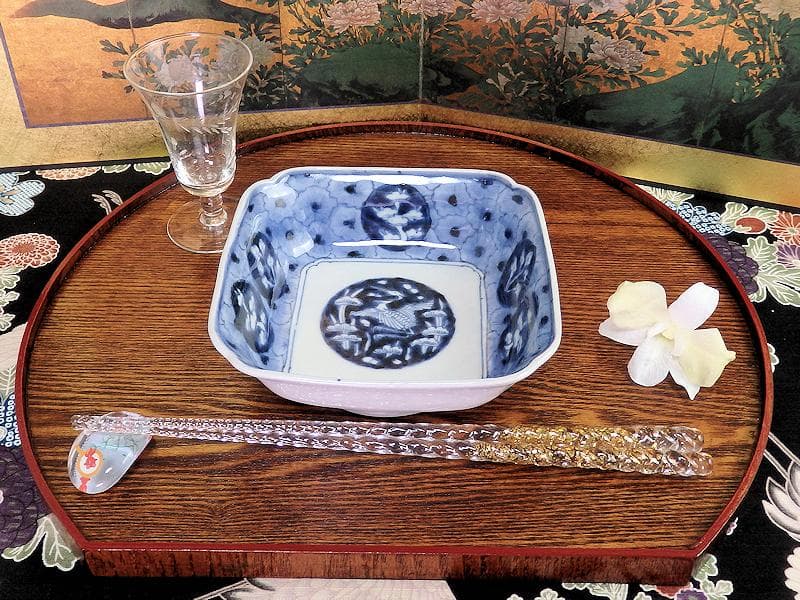 古伊万里　染付　撫子繋ぎ　丸紋に松と鶴の図 四方皿　５客　A055AS-CXs