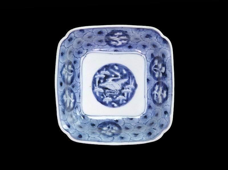 古伊万里　染付　撫子繋ぎ　丸紋に松と鶴の図 四方皿　５客　A055AS-CXs