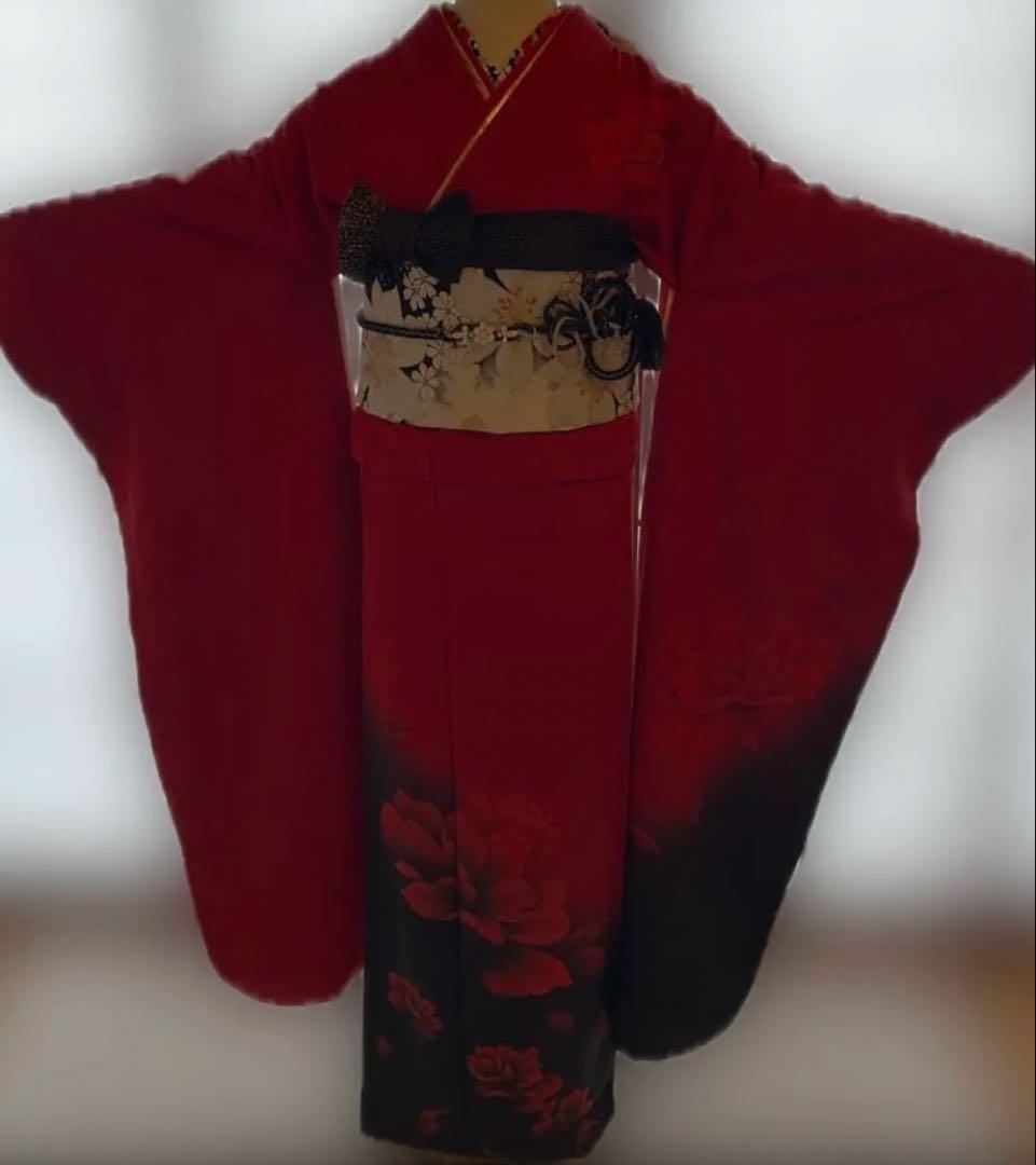 きもの友禅 正絹 振袖フルセット 振袖一式 着付けセット 人気 赤×黒 振袖