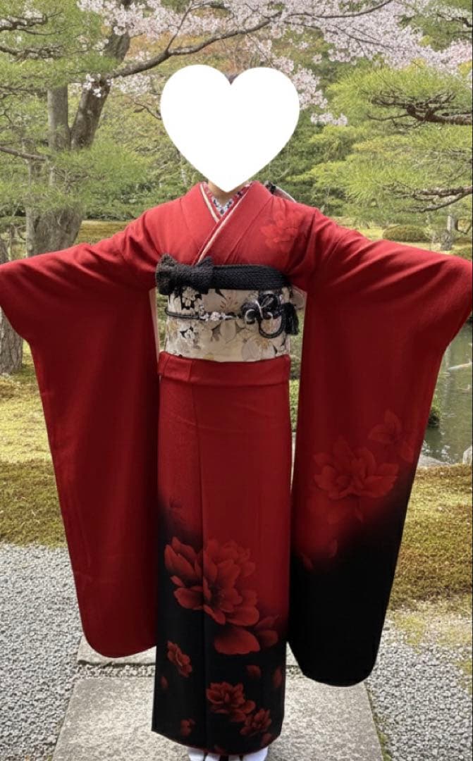 きもの友禅 正絹 振袖フルセット 振袖一式 着付けセット 人気 赤×黒 振袖