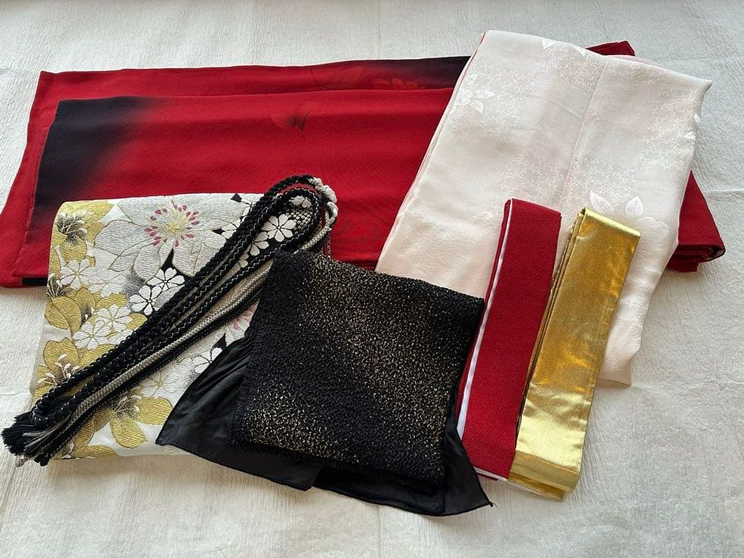 きもの友禅 正絹 振袖フルセット 振袖一式 着付けセット 人気 赤×黒 振袖