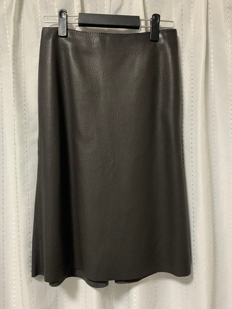 エルメス HERMES ダークブラウン ディアスキンレザー フレアスカート