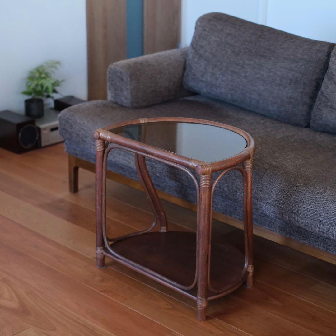 ヴィンテージ　サイドテーブル　シャークアタック　ガラス　コーヒーテーブル　ラタン