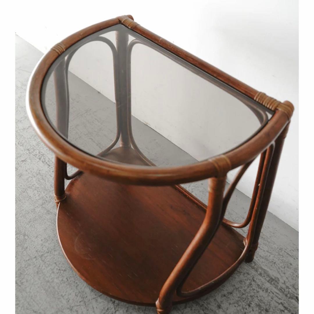 ヴィンテージ　サイドテーブル　シャークアタック　ガラス　コーヒーテーブル　ラタン