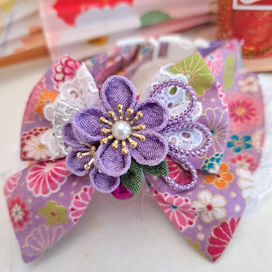 お正月仕様和風つまみ細工(藤色②)わんちゃん猫ちゃん用襟つき首輪