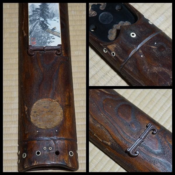 茶道具 江戸期 大型古材短冊掛 古裂装飾 裏透かし彫り『日月』★時代物★希少品