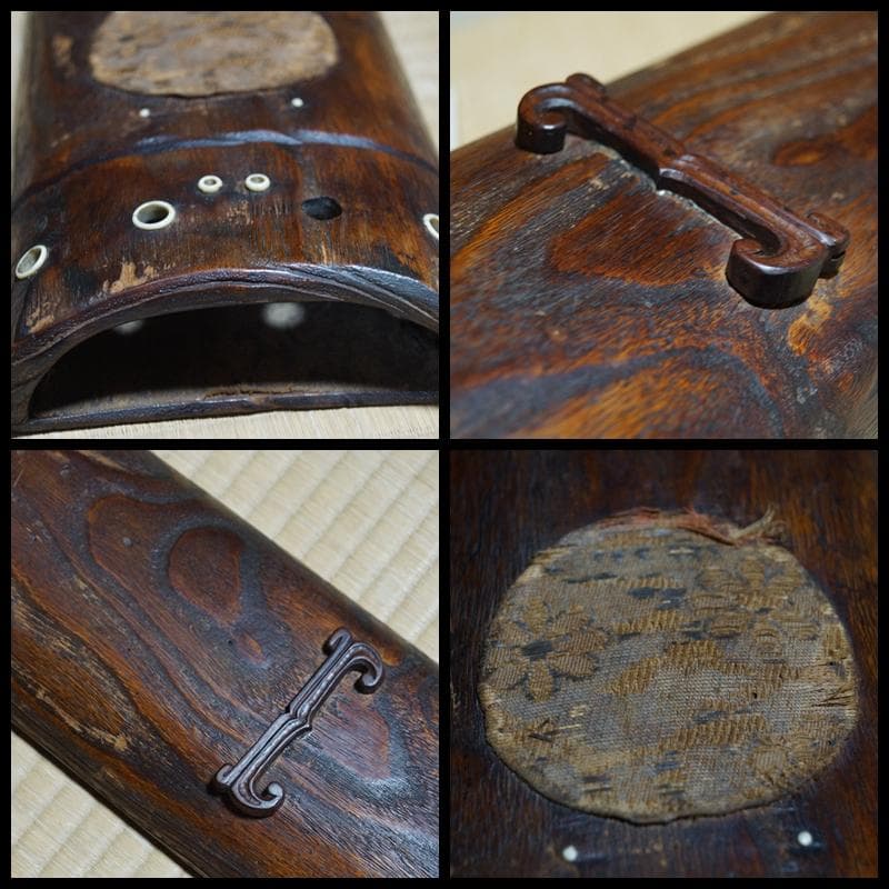 茶道具 江戸期 大型古材短冊掛 古裂装飾 裏透かし彫り『日月』★時代物★希少品