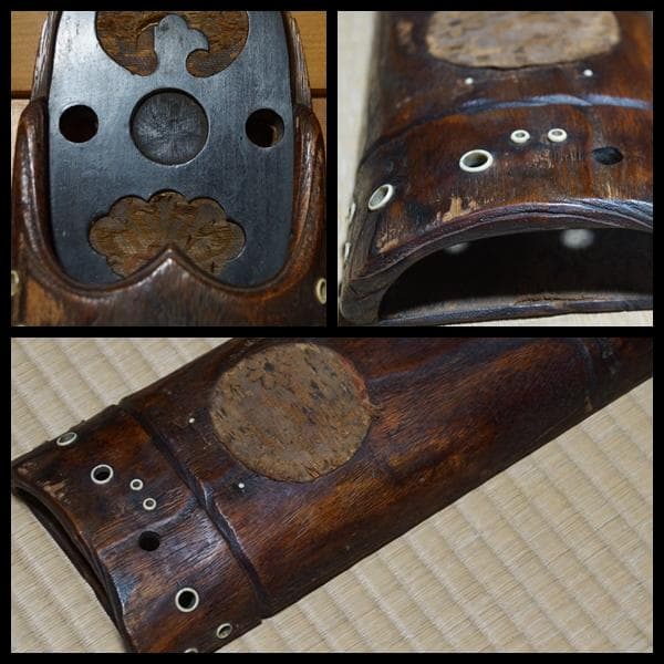 茶道具 江戸期 大型古材短冊掛 古裂装飾 裏透かし彫り『日月』★時代物★希少品